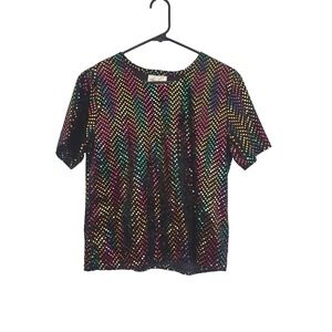 Kathie Lee Collection Womens Black Rainbow Sequin Short Sleeve Top‎ Medium